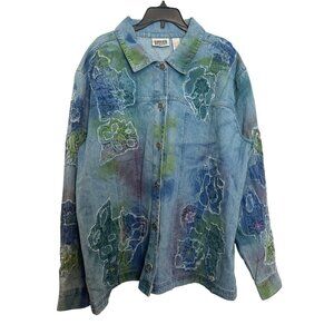Vintage Chicos Design Womens Denim Jacket Size 3 Floral Embroidered Button-Up Bl